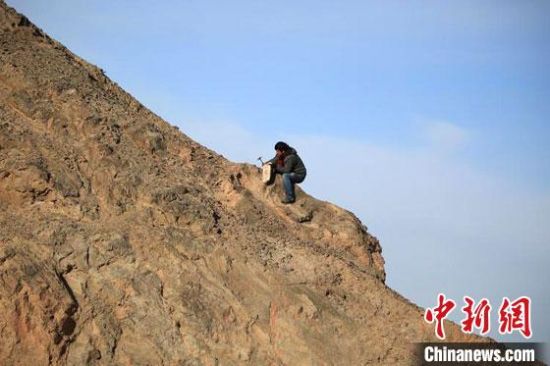 圖為敦煌“80后”畫家張杰龍?jiān)诙鼗腿I嚼锊杉V石顏料。(資料圖)受訪者供圖 圖為敦煌“80后”畫家張杰龍?jiān)诙鼗腿I嚼锊杉V石顏料。(資料圖)受訪者供圖
